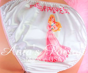 White Rare classic Aurora Sleeping Beauty Princess with animals, classic shiny Satin string bikini panties - Sissy Princess RARE