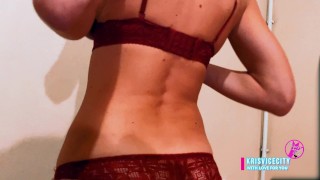 Blondie in red sexy lingerie showing her fit body ass and tits under the music