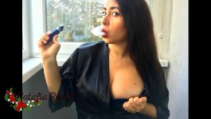 Beautifull curvy milf smoke on balcony and masturbate hairy wet pussy !