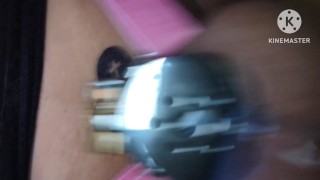 Sissy clitty leaking in its flat chastity cage from bareback anal pleasure