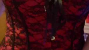 Wand play in sexy red lingerie